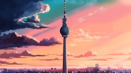 Fernsehturm Tower, bright color. Generative Ai - obrazy, fototapety, plakaty
