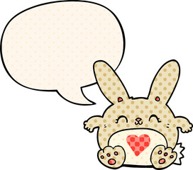 cute cartoon rabbit with love heart with speech bubble in comic book style