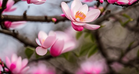 A pink flower on a tree branch with green leaves in the background.  - Powered by Adobe