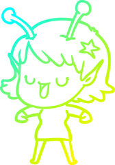 cold gradient line drawing of a happy alien girl cartoon
