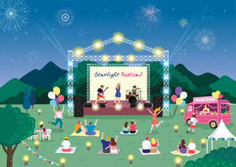 A midsummer night festival illustration where fireworks explode in the night sky and festival performances take place