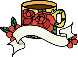 traditional tattoo with banner of a cup and flowers