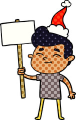 happy hand drawn comic book style illustration of a man with sign wearing santa hat