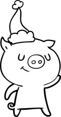 happy hand drawn line drawing of a pig wearing santa hat