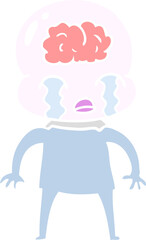 flat color style cartoon big brain alien crying