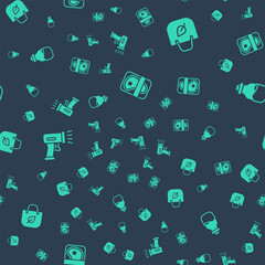 Set Meat packaging steak, Shopping bag with recycle, Scanner scanning bar code and Spice on seamless pattern. Vector