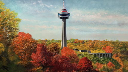 Skylon Tower, bright color. Generative Ai - obrazy, fototapety, plakaty