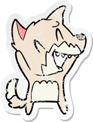 distressed sticker of a laughing fox cartoon
