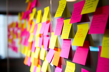 Sticky notes on the wall, very organized business planning and brainstorming for new ideas. Generative AI