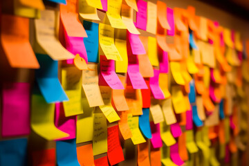 Fototapeta premium Wall covered with lots of sticky notes in different colors, communication through writing. Generative AI