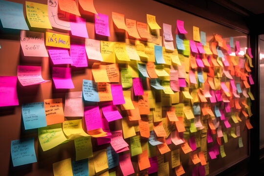 Wall covered with lots of sticky notes in different colors, communication through writing. Generative AI