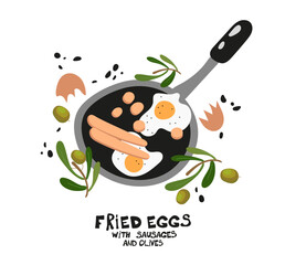 Fototapeta premium Cracked fried egg banner template. Written Fried Eggs with Sausages and Olives. Eggs product silhouette on the pan with sausage and leaves. Isolated grunge stylised lettering. Fast cooking meal, menu 