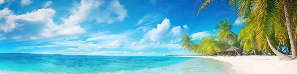 Fototapeta na wymiar Beautiful tropical beach with white sand, turquoise ocean on background blue sky with clouds on sunny summer day. Palm tree leaned over water. Perfect landscape for relaxing vacation, island Maldives