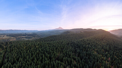 Drone view of Mount Hood at sunset in Oregon's Mt Hood National Forest