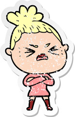 distressed sticker of a cartoon angry woman