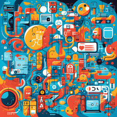 The interconnectedness of the digital world through a visually dynamic composition featuring a collage of social media icons and symbols. Generated IA