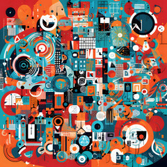 The interconnectedness of the digital world through a visually dynamic composition featuring a collage of social media icons and symbols. Generated IA