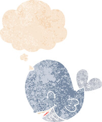 cartoon whale with thought bubble in grunge distressed retro textured style