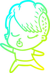 cold gradient line drawing of a cartoon pretty hipster girl