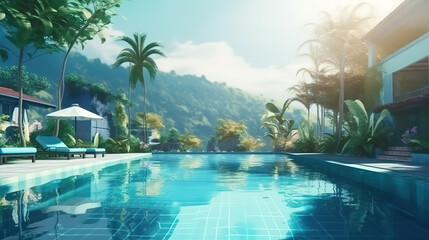 Beautiful swimming pool in tropical resort , Phuket, Thailand. Generative Ai