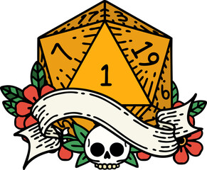 Retro Tattoo Style natural one d20 dice roll