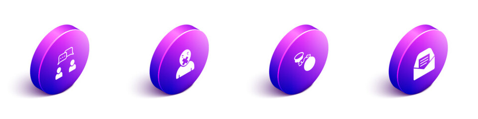 Set Isometric Speech bubble chat, Censor and freedom of speech, Ball on chain and Mail e-mail icon. Vector