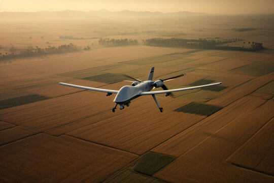 close up of an unarmed military reconnaissance drone in the sky flying over a field made with Generative AI