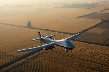 close up of an unarmed military reconnaissance drone in the sky flying over a field made with Generative AI