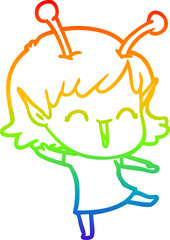 rainbow gradient line drawing of a cartoon alien girl laughing