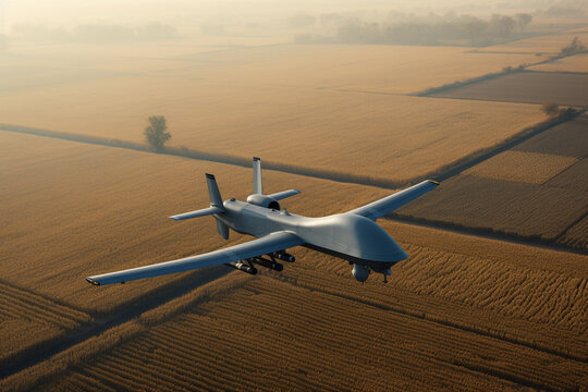 close up of an unarmed military reconnaissance drone in the sky flying over a field made with Generative AI