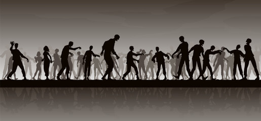 A lot of zombies walking around the street looking for something, a crowd of zombies, vector illustration