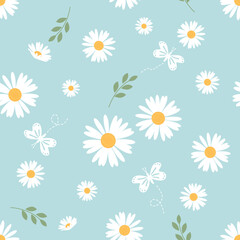Obraz premium Seamless pattern with daisy flower, green leaves and butterflies on green background vector.