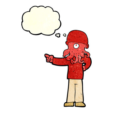 cartoon alien monster man with thought bubble