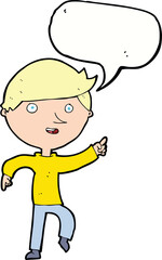 cartoon happy pointing with speech bubble