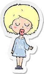 retro distressed sticker of a cartoon woman explaining her point