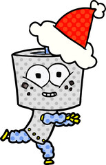happy hand drawn comic book style illustration of a robot wearing santa hat