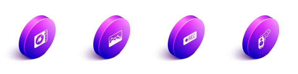 Set Isometric Vinyl player with vinyl disk, Music wave equalizer, Record button and Stereo speaker icon. Vector