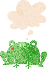 cartoon frog with thought bubble in grunge distressed retro textured style