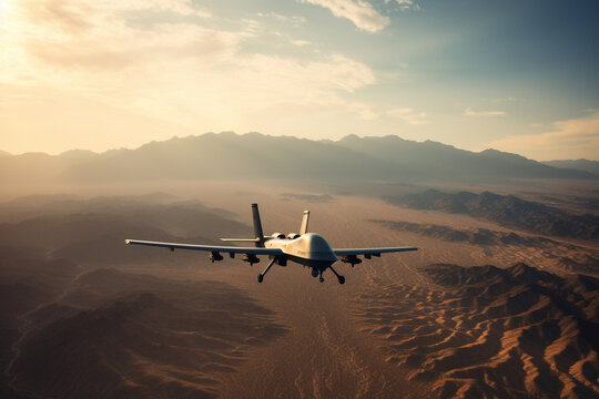 close up of an unarmed military reconnaissance drone in the sky flying over a desert made with Generative AI