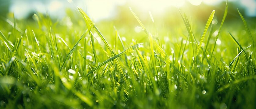 Beautiful wide format natural background macro image of young juicy green grass in bright summer spring morning sunlight