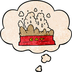 cartoon cat food with thought bubble in grunge texture style