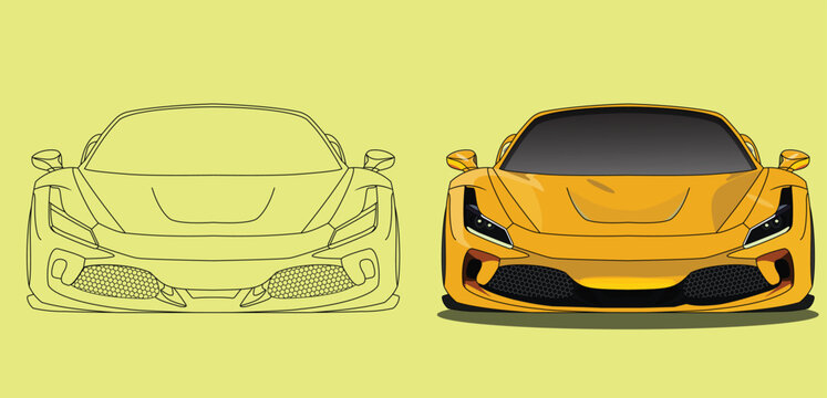 Agadir, Morocco- May, 2023: :yellow Ferrari F8  car silhouette vector car.	
