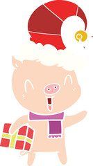 happy flat color style cartoon pig with xmas present