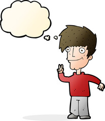 cartoon man giving peace sign with thought bubble
