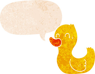 cartoon duck with speech bubble in grunge distressed retro textured style