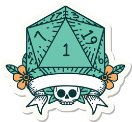sticker of a natural one d20 dice roll