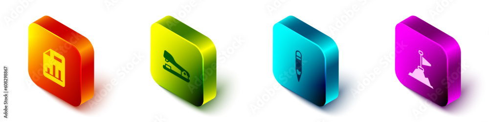 Poster set isometric document with graph chart, stapler, pencil and mountains flag on top icon. vector