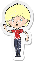 retro distressed sticker of a cartoon waving woman