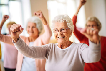Elderly women doing exercise in the nursing home, senior movement and recreation, never too old for working out. Generative AI