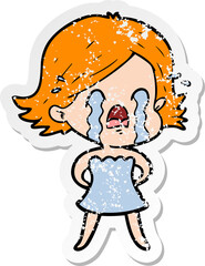 distressed sticker of a cartoon woman crying